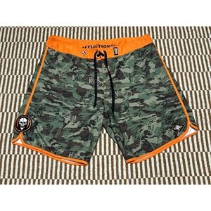 Affliction Board Shorts Mens 40 Green Camo Skull Orange Swim Trunks Y2K